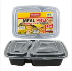 2 Compartment Rectangular Food Container BLACK/CLEAR LID 12 PK
